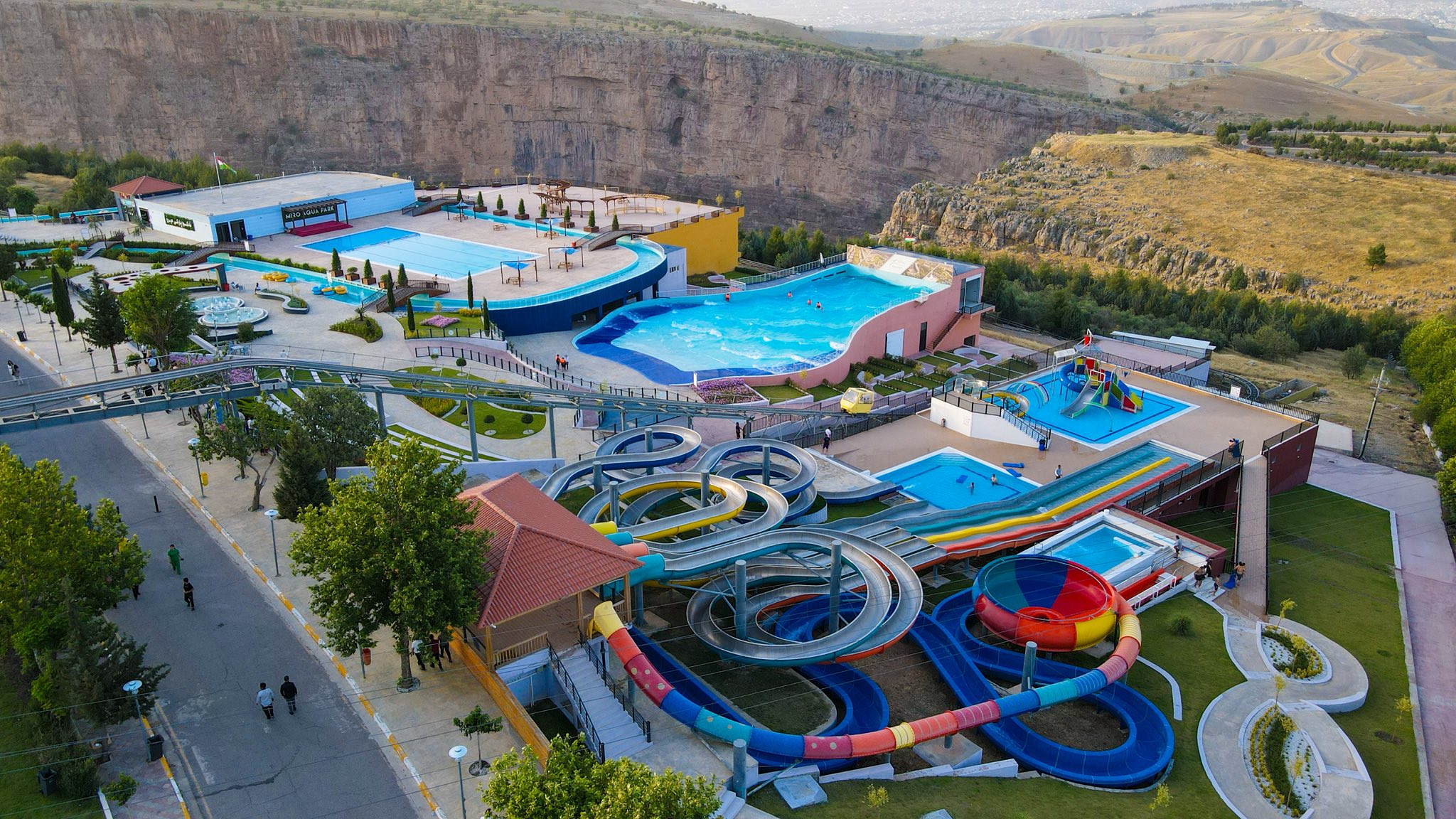 Aerial view of the complete aqua park with slides and pools